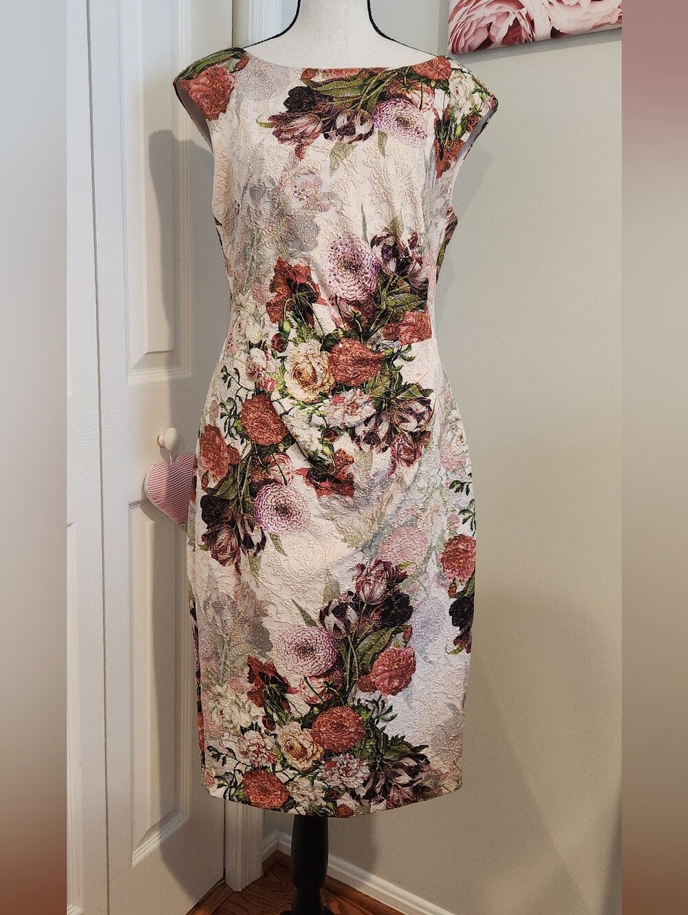 Adrianna Papell Ivory Floral Jacquard Sheath Dress with Rose and Green Accents